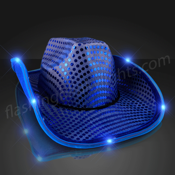 Blue Sequin Cowboy Hat Blue LED Light Up Brim | FlashingBlinkyLights